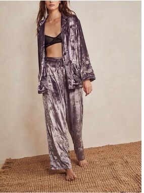Free People Very RARE Crushed Velvet Pajama Set - Lilac Silver Gray
